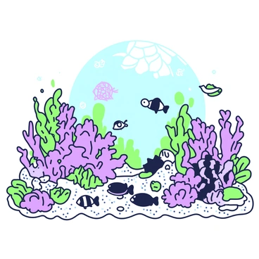 An underwater scene showcasing coral reefs filled with intricate formations. The coral reefs are abundant with various shapes and textures, providing habitat to multiple unique sea creatures. Brightly colored fish are swimming among the corals, with some resting on the reef structures. In the background, there are larger sea creatures like a turtle gliding gracefully through the water. Sunlight filters down from the surface, casting ethereal patterns on the sandy ocean floor.
