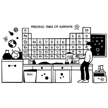 A large mural displaying a "Periodic Table of Elements" occupies one entire wall of a science classroom. Each element is depicted within its own distinct box, featuring the element symbol and atomic number. Additional illustrations of atoms and molecules are integrated into the background, enhancing the educational theme. Various scientific tools, such as beakers and test tubes, are arranged on a nearby desk, emphasizing the classroom setting. A globe and a chalkboard filled with equations are positioned in the background, further contributing to the scientific atmosphere.