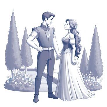 A prince and princess standing together in a lush garden, surrounded by blooming flowers and towering trees. The prince is dressed in a detailed outfit featuring a tunic and fitted trousers, adorned with intricate patterns, and a decorative belt. He has short, neatly combed hair and a confident posture. The princess is wearing a flowing gown with a fitted bodice and voluminous skirt, showcasing delicate lace and embroidery. Her long hair cascades down her back, intertwined with floral accents. They are gazing at each other with expressions of affection and joy, creating a moment of connection. In the background, there's a stone pathway leading deeper into the garden, inviting exploration.