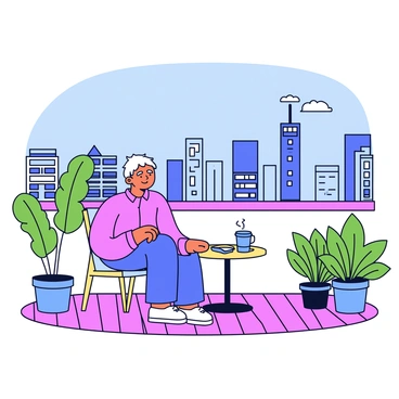 A person sitting on a rooftop terrace with a wooden deck. The individual has short hair and is wearing a relaxed, casual outfit. They are comfortably seated in a simple chair, with a small round table beside them. On the table, there is a steaming cup of coffee and a phone. Surrounding the terrace are green potted plants, adding a touch of nature to the urban setting. In the background, the skyline of a bustling city can be seen, with tall buildings and a clear blue sky.
