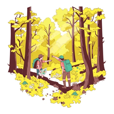 A yellow dense forest filled with tall trees and thick foliage creates a vibrant setting for exploration. In the center, two figures dressed in rugged outdoor gear are trekking through the underbrush. One explorer has a teal backpack and is holding a map, while the second explorer, wearing a teal hat, is pointing towards a narrow path that winds deeper into the woods. Sunlight streams through the leaves, casting dappled shadows on the forest floor dotted with colorful wildflowers.