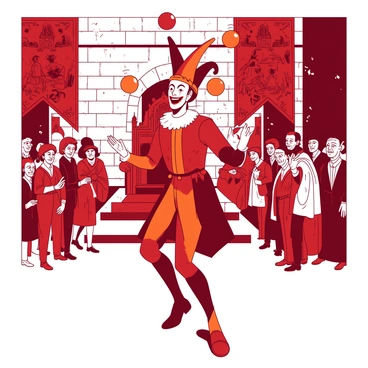A red court jester is juggling three brightly colored balls, each a different shade of orange, in the center of a medieval king's court. The jester is wearing a traditional costume with a mix of red and orange patterns, complete with a pointed hat adorned with bells. Around the jester, a captivated audience of nobles in elegant attire is watching closely. The stone walls of the court are adorned with tapestries depicting royal battles, and an ornate throne is visible in the background, indicating the presence of a king. The jester’s exaggerated facial expressions convey joy and mischief as he performs his tricks.