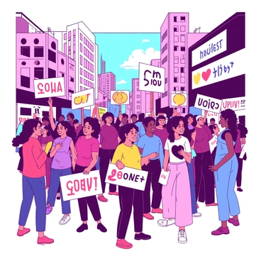 A vibrant scene of a lively city street filled with diverse individuals participating in a peaceful protest. People are gathered together, holding colorful signs that read "Love" and "Unity," with some signs featuring heart symbols. The crowd consists of individuals of various ages and backgrounds, all showing solidarity. The atmosphere is filled with a sense of community as they stand together, smiling and engaging with one another. The city buildings rise in the background, contributing to the urban setting of the protest.