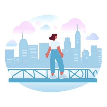 A girl with short hair is standing on a bridge, facing away from the viewer. She is wearing a casual outfit consisting of a light-colored shirt and jeans. The bridge is made of steel and has a modern design, with geometric patterns in its structure. Behind her, a city's skyline is visible, showcasing a variety of tall buildings with distinct architectural styles, some with glass facades reflecting the sky. The scene is set during the evening with gradient pastel colors in the sky transitioning from soft pinks to light blues.