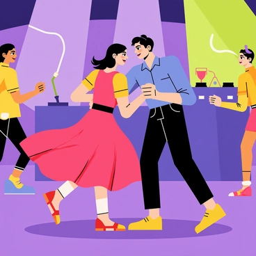 A couple performing a vibrant salsa dance in a lively club scene. The couple wears colorful outfits, with the woman in a flowing red dress and the man in a bright blue shirt and black trousers. They are mid-dance, with the woman's dress swirling around her as they move energetically. The club is filled with dynamic lighting in shades of purple and green, casting playful shadows. Surrounding the couple, other dancers enjoy the music, adding to the energetic atmosphere. A DJ booth is visible in the background, with equipment and colorful lights.