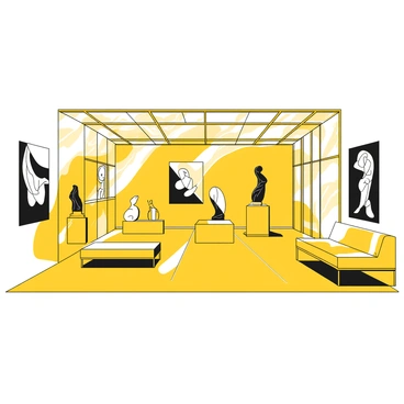 A spacious interior of a contemporary art gallery in Brussels, showcasing high ceilings and large windows allowing natural light to flood the space. The walls are adorned with various black-and-white artworks. In the center of the room, several modern sculptures are displayed on pedestals, each with unique shapes and textures. The flooring is sleek and polished, reflecting the sculptures and artworks around it. There are minimalistic benches for visitors to sit and appreciate the pieces, and in the background, a soft color palette complements the stark black-and-white themes throughout the gallery.