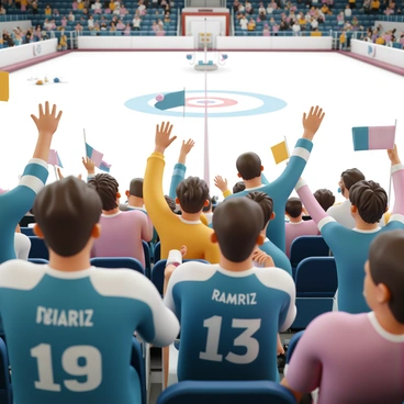 A group of enthusiastic fans is sitting in the stands, wearing colorful team jerseys. They are actively waving flags, showcasing their team colors of blue and white. Each fan has a bright smile, expressing excitement and support for the curling match taking place in front of them. Some fans are standing up, clapping their hands, while others are holding foam fingers in the air. The atmosphere is lively, and the curling rink is visible in the background, adding to the excitement of the scene.