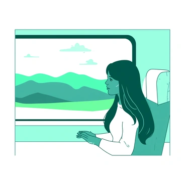A teal woman with long flowing hair is sitting next to a white train window. She gazes thoughtfully outside, her face illuminated by the soft natural light coming through the glass. The scenery outside the window shows a blur of green fields and distant hills, creating a sense of motion. Her hands rest gently in her lap, and she is wearing a casual white sweater. The interior of the train has a simple design, with white seating and a subtle teal pattern on the walls.
