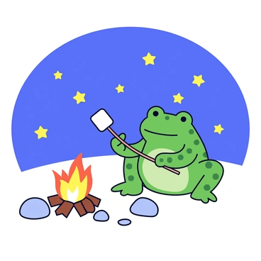 A green toad with textured skin is sitting beside a small campfire. The fire is crackling with bright orange flames, surrounded by a few scattered stones. The toad is holding a stick with a marshmallow on the end, toasting it over the fire. Above, a starry sky is filled with numerous twinkling stars. The scene is illuminated by the warm glow of the campfire, creating a cozy atmosphere.