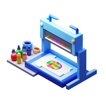A screen printing setup featuring a large printing press. The press is in action, with a vibrant, colorful design being pressed onto a white t-shirt. The t-shirt is laid flat on a printing surface, displaying the intricate patterns of the design. Surrounding the press are various containers with different colored inks and tools used for the screen printing process. Bright lights illuminate the workspace, highlighting the details of the setup.