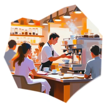 A bustling coffee shop filled with patrons enjoying their drinks and engaging in conversation. In the foreground, a barista with short hair and an apron is focused on using a portafilter at the shiny espresso machine, carefully tamping down the coffee grounds. Behind the barista, shelves are lined with various coffee beans in clear containers. A customer at the counter is watching intently, while other customers are seated at small tables with laptops and books. The warm glow of overhead lights creates a cozy atmosphere as steam rises from cups of freshly brewed coffee.