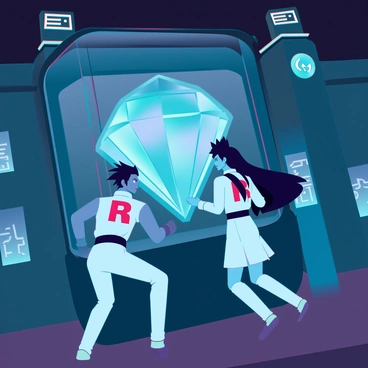 A dark night scene at a museum, with the building illuminated by moonlight. Two figures from Team Rocket, a man and a woman, are stealthily approaching a display case. The man has spiky black hair and wears a white uniform with a red "R" emblem, while the woman has long, flowing hair and wears a similar outfit. They are both focused on a large, rare gem that emits a soft, glowing light, which is encased in the display. Shadows stretch across the ground, creating a suspenseful atmosphere as they reach for the gem, with a few security alarm lights flickering in the background, hinting at the danger of their heist.