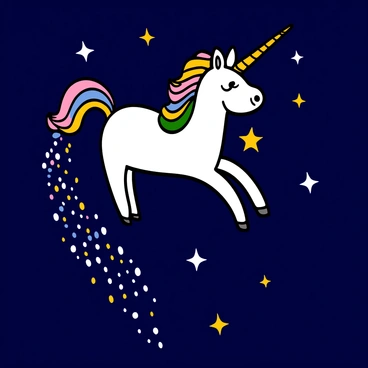 A unicorn with a shimmering white coat and a spiral golden horn is flying across a dark blue starry night sky. Its mane is flowing in a spectrum of pastel colors, illuminating the surrounding stars. The unicorn leaves a sparkling trail of glowing stardust behind it, cascading like a waterfall of light. The stars are twinkling brightly against the deep night, creating a magical atmosphere filled with wonder and fantasy.