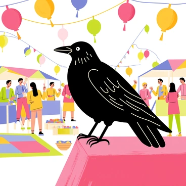 A corbeau enjoying a lively outdoor festival with vibrant lanterns and music