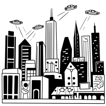 A futuristic cityscape filled with towering skyscrapers featuring sleek, modern architecture. Numerous flying cars dart between the buildings, leaving trails of light behind them. The streets below are lined with bright, illuminated billboards displaying dynamic advertisements. Various technological structures, such as holographic displays and automated kiosks, populate the scene, emphasizing the advanced technology in use. A network of transparent walkways connects the buildings, allowing pedestrians to move above the ground. The overall composition showcases a bustling metropolis alive with innovation.