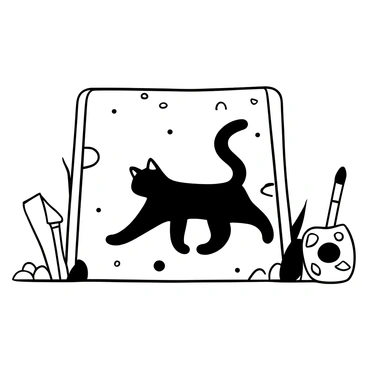 A cat with a sleek body and a long tail walking across a large, white artist's canvas. The canvas is covered in various colors of paint, with abstract shapes and swirls. The cat's paws are leaving distinct prints that stand out against the background. Various paintbrushes and a palette with paint splatters are scattered nearby, adding to the scene's artistic atmosphere.