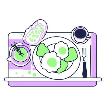 A breakfast scene with poached eggs and focaccia slices on a plate