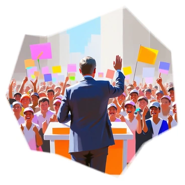 A charismatic leader with short, dark hair and wearing a tailored suit stands confidently at a podium, engaging with a large crowd of supporters. The leader raises one hand emphatically, capturing the attention of the audience, who are dressed in a mix of bright colors and waving banners. The crowd's expressions range from excitement to determination as they listen intently. Brightly colored flags are visible in the background, and the scene is infused with a sense of energy and enthusiasm, as people cheer and show their support for the campaign.