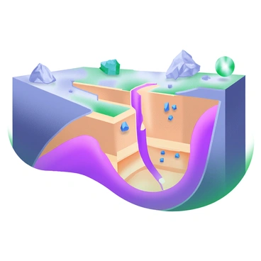 An underground scene depicting a "normal dip slip fault" with layers of rock clearly visible. The rock layers are exposed, revealing various colors and textures that indicate different geological ages. Small mineral deposits, in shades of blue, green, and gold, can be seen embedded within the rock formations. The fault line itself is marked by a distinct separation between the layers, showcasing the shift in alignment. Light subtly illuminates the scene, highlighting the details of the rocks and minerals.