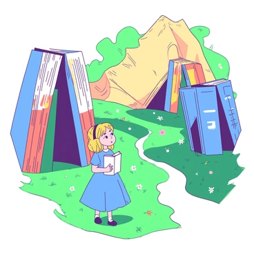 Alice, a young girl with a curious expression, stands in a land where "books are as tall as trees." The towering books create winding paths through the landscape, their colorful spines forming a vibrant canopy overhead. The ground is covered with soft green grass, dotted with small flowers in various colors. In the background, a large blue book leans against a hill, while a golden light filters through the pages, casting gentle shadows. Alice, wearing a blue dress with white accents and holding a small white book, gazes up in awe at the towering books, her hair gently blowing in the breeze.