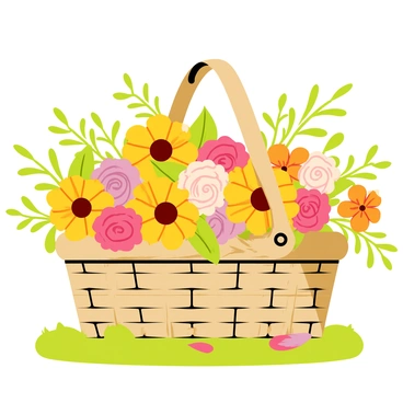 A wicker basket overflowing with a variety of freshly picked garden flowers. The bouquet includes bright yellow sunflowers, delicate pink roses, and vibrant orange marigolds. Green leafy stems extend from the flowers, creating a lush appearance. The basket is placed on a patch of green grass, with a few petals scattered around the base. Sunlight filters through the leaves of nearby plants, creating dappled light on the basket.