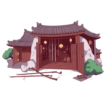 A hidden armory is located within a small, tranquil Chinese village. The armory is built into the side of a rocky hill, with wooden doors slightly ajar, revealing a glimpse inside. Inside the armory, there are numerous traditional weapons displayed neatly on the walls, including long spears with intricate designs, curved swords with decorative hilts, and a collection of ornate bows. The floors are made of dark wooden planks, and the air is filled with a sense of history. Soft light filters in from lanterns hanging from the ceiling, illuminating the weapons and casting gentle shadows on the walls. Outside the armory, traditional Chinese architecture, such as curved roofs and wooden beams, enhances the village setting, surrounded by lush greenery.