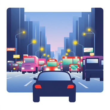 A dark silhouette of a car is prominently featured in the foreground, illustrating its shape against the backdrop of a bustling city. Surrounding the car, a dense array of vehicles, including buses and trucks, fill the streets, their outlines also presented as silhouettes. Bright streetlights and neon signs illuminate the scene, casting a glow that hints at the busy lifestyle of the urban environment. The sky above is a gradient of deep blues and purples, suggesting evening time, while the silhouette of tall buildings rises on either side, creating a sense of confinement and movement within the city streets.