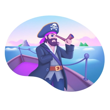 A pirate with a rugged appearance stands on the deck of a ship, holding a "spyglass" pipe up to his eye. He has a weathered hat adorned with a skull and crossbones. The pirate is dressed in a dark, tattered coat and has a bandana tied around his head. The sea is visible in the background, with gentle waves lapping against the side of the ship. The sky is a blend of soft blues and pinks, suggesting it is either dawn or dusk. His expression is focused as he scans the horizon, where a distant island can be seen.