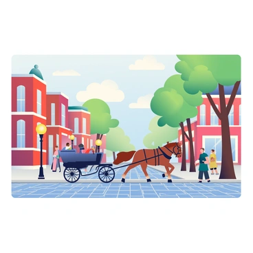 A charming Victorian street is depicted with cobblestone pavement lined with classic red brick buildings. Horse-drawn carriages are traveling down the street, with one black carriage drawn by a brown horse and another open carriage carrying passengers. Gas lamps, casting a warm, yellow glow, are positioned along the sidewalk, illuminating the scene. In the background, tall trees with green leaves frame the street, and a few pedestrians dressed in period clothing stroll leisurely. A light blue sky with scattered clouds completes the picturesque setting.