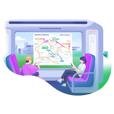 A modern pastel illustration depicting the interior of an airport express train. The focus is on a large, detailed route map displayed prominently on the wall. The map shows various train stops with colorful markers, and indicates the connection points to terminals and other transport options. The train interior features sleek, comfortable seating with passengers reading or looking at their devices. Soft lighting illuminates the space, and large windows showcase glimpses of the outside landscape, including airport facilities.