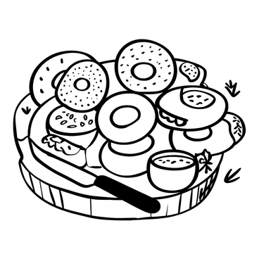 A wooden board displayed with a variety of bagels arranged in a circular pattern. Each bagel has a distinct texture and size. Next to the bagels, there are several small bowls filled with different types of cream cheese, including a herb-infused option. Slices of lox are artfully placed on the board, draping elegantly over some of the bagels. Small sprigs of dill are scattered around the board, adding a touch of detail. A knife rests on the edge of the wooden board, indicating preparation for serving.