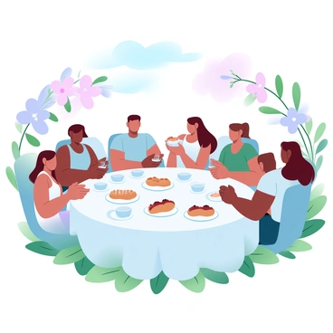 A beautiful garden filled with a variety of blooming flowers in vibrant colors. Guests are seated around a large round table covered with a white tablecloth, enjoying cups of tea. On the table, there are assorted pastries arranged on elegant platters. Some guests are holding small plates with pastries, while others are engaged in conversation. Greenery surrounds the scene, providing a lush backdrop to the gathering. In the sky, soft pastel colors blend harmoniously, creating a tranquil atmosphere.