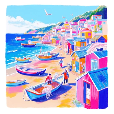 A fishing village by the coast features a shoreline dotted with colorful boats of various sizes. Some boats are anchored in the water, while others are pulled onto the sandy beach. Fishermen are seen wearing hats and aprons, actively working as they haul nets filled with fish. Small wooden shacks, painted in bright hues, line the village, displaying fishing gear and equipment. The sky is clear, and a few seagulls are flying overhead. In the background, gentle waves lap against the shore.