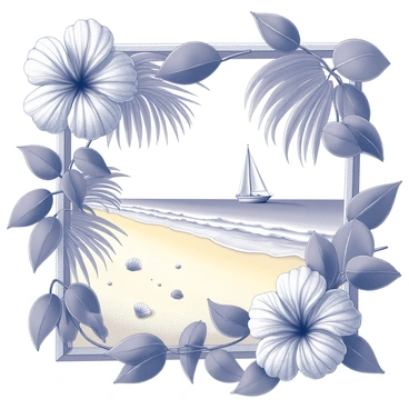 A lively frame composed of intricately detailed hibiscus flowers and palm leaves surrounds a beach scene. The hibiscus flowers are large and showy, with prominent petals that create a vibrant border. The palm leaves fan outwards, providing a lush and tropical feel to the composition. Inside the frame, a sunny beach features golden sand stretching out to meet clear waters. Gentle waves lap at the shore, and a few seashells are scattered across the sand, adding texture to the beach scene. In the distance, a sailboat can be seen gliding smoothly across the water under a bright sky.