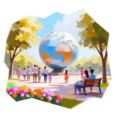 A giant sculpture of a "globus" is prominently displayed in the center of a public park. The sculpture features intricate details, representing various continents and countries. Surrounding the sculpture, several people of diverse backgrounds are walking, some pausing to admire the artwork. A family is engaged in taking photos, while a couple sits on a nearby bench, enjoying the view. Lush green trees frame the park, with colorful flowers blooming in the foreground, adding vibrancy to the scene.