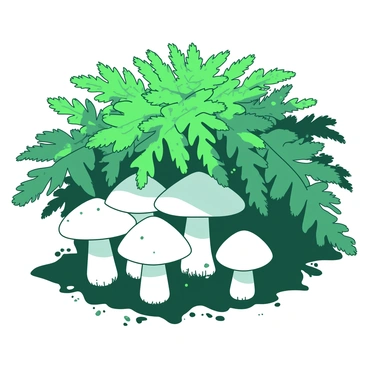 A group of white mushrooms with smooth caps is growing in a cluster underneath a lush green canopy of ferns. The ferns have vibrant, intricate leaves that create a natural umbrella, filtering sunlight and casting soft shadows on the ground. The soil around the mushrooms is damp and rich, with small bits of organic debris scattered throughout. The overall scene is tranquil, evoking a sense of hidden beauty in the shaded area.