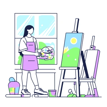 A girl is standing in an art studio, painting on a canvas with vibrant colors. She has long hair tied back and is wearing a loose-fitting shirt and an apron. The canvas in front of her displays a bright and lively scene, with strokes of various colors. To her right, there is a wooden easel holding another canvas that is partially painted. On the floor, there are tubes of paint scattered around and a palette with mixed colors in her hand. Sunlight streams through the large windows, illuminating the space and casting soft shadows.