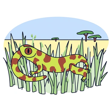 A chameleon with a vibrant green and brown skin pattern is camouflaging among the tall grasses of an African savannah. The chameleon's body mimics the surrounding foliage, allowing it to blend seamlessly into the environment. The tall grasses sway gently in the breeze, creating a natural habitat for the chameleon. In the background, the savannah is dotted with acacia trees under a clear blue sky. The scene captures the essence of the chameleon's adaptation and the beauty of its surroundings.