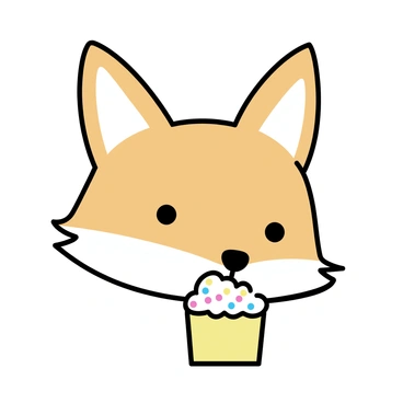 A playful fox face with bright orange fur and pointed ears is smiling. Its eyes are wide and cheerful, reflecting joy. The fox is holding a cupcake topped with colorful sprinkles in its mouth. The cupcake has a fluffy white frosting and a light brown base, with vibrant sprinkles of red, blue, and yellow scattered on top.