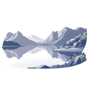 A pristine lake with a smooth surface reflecting the surrounding mountains. The mountains are tall and rugged, with sharp peaks and varied textures. The sky above is clear, without any clouds, contributing to the serene atmosphere. The shoreline of the lake is bordered by a mix of rocks and patches of green vegetation, creating a natural frame for the scene. The overall composition emphasizes the stillness and clarity of the water, mirroring the majestic landscape.