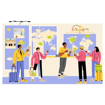 A bustling travel agency filled with people eagerly discussing travel plans. The walls are adorned with colorful posters showcasing "exotic destinations" like tropical beaches and ancient landmarks. Large, detailed maps cover one side of the room, highlighting various countries and travel routes. Agents are standing behind a reception desk, assisting customers and pointing at brochures. The atmosphere is lively, with suitcases sitting by the entrance, adding to the sense of adventure.