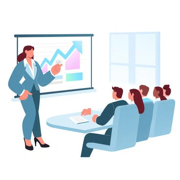 A woman in a tailored suit is standing confidently in front of a large screen displaying a colorful graph. She is holding a remote clicker in one hand and is pointing towards the graph with the other hand. The office is modern, featuring sleek furniture and large windows that allow natural light to fill the space. A group of attentive colleagues is seated at a conference table, facing her as she presents. The graph on the screen shows a rising trend with clear labels and vivid colors.