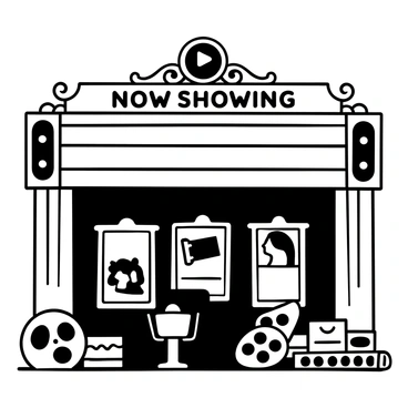A vintage cinema marquee displaying the words "Now Showing" prominently. Beneath it, a collection of classic film posters featuring black-and-white graphics. The posters include a mix of iconic scenes and titles from vintage films, each framed neatly. The structure of the marquee is adorned with decorative elements, like intricate patterns and borders, giving it an elegant appearance. A few film reels and a director's chair are placed nearby, adding to the cinema ambiance.