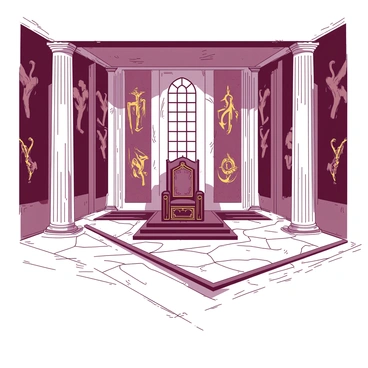 A large throne room filled with intricate details and grandeur. The walls of the room are adorned with elegantly painted banners displaying symbols of Gondor in a rich pattern. At the center, there is a majestic, ornate throne made of dark wood and gold accents, elevated on a grand platform. Pillars line the sides of the room, reaching towards a high ceiling. Soft light filters through tall arched windows, casting shadows on the polished stone floor. The atmosphere is one of majesty and importance, highlighting the significance of this regal space.