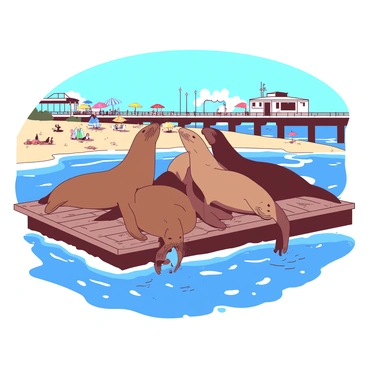 A group of playful sea lions lounging on a wooden platform near the Santa Monica Pier. The sea lions are varying shades of brown, with some resting while others are playfully interacting, splashing water around. In the background, there are colorful beach umbrellas and soft sandy beaches visible under a clear blue sky. A few people can be seen enjoying the beach and the pier, adding to the lively atmosphere. The sunlight creates reflections on the water's surface, enhancing the scene's vibrancy.