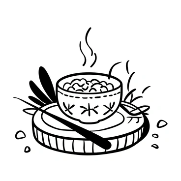 A delicate porcelain bowl with intricate patterns on its surface is positioned on a textured wooden table. The bowl is filled with steaming jasmine rice, the steam rising gently into the air. Surrounding the bowl are scattered grains of rice and a pair of chopsticks resting beside it, their design matching the bowl's patterns. In the background, there are hints of green leaves, suggesting a natural setting.