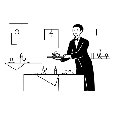 An elegant restaurant interior with several candlelit tables set for dining. Each table features a white tablecloth and a single lit candle in the center. A waiter, dressed in a formal black suit, is approaching one of the tables with a gourmet dish elegantly presented on a white plate. The waiter is carrying the plate with both hands, showcasing the intricate details of the food. The restaurant has chandeliers hanging from the ceiling, and the walls are adorned with tasteful decorations.