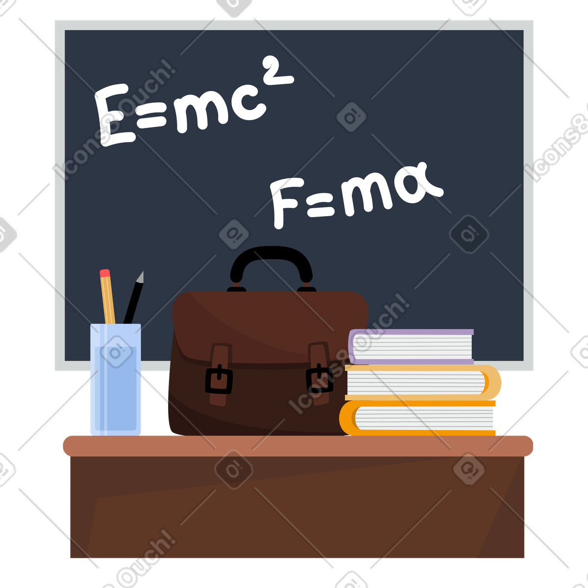 Illustration Salle de classe avec tableau noir et formules physique dans le style Lagom à télécharger aux formats PNG, SVG
