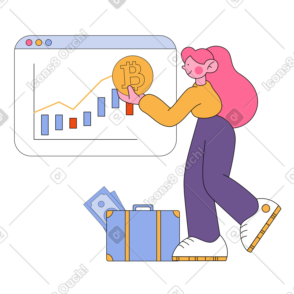 Investitrice donna che estrae bitcoin online illustrazione in stile Bloom scarica in PNG, SVG