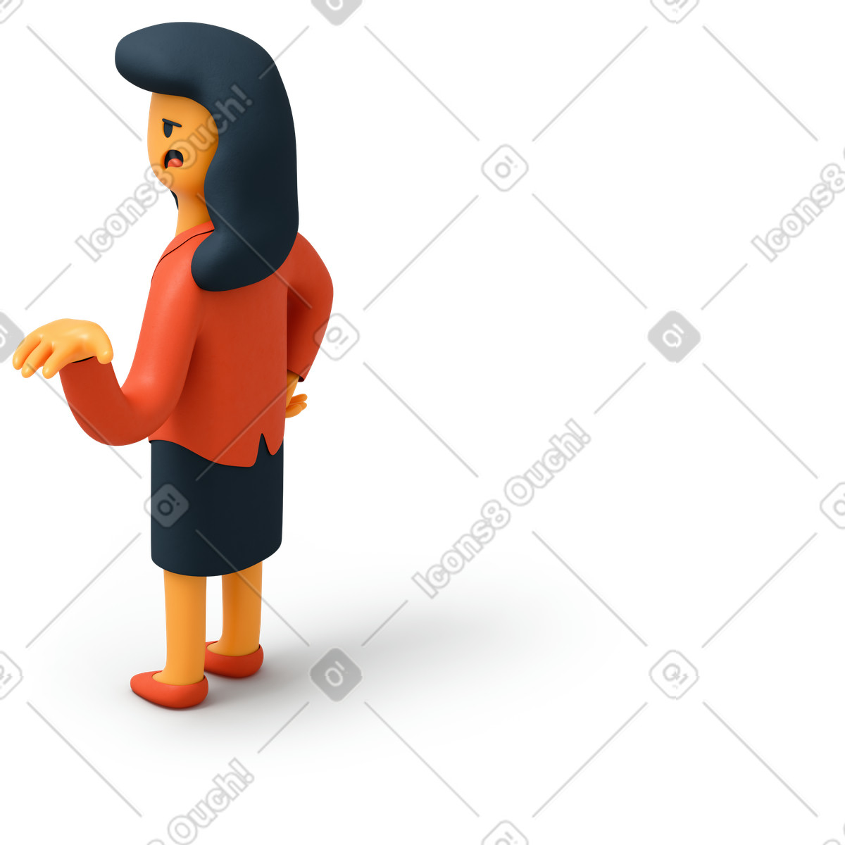 Back view of woman raising her hand up and looking left illustration in 3D Flame style download in PNG, SVG